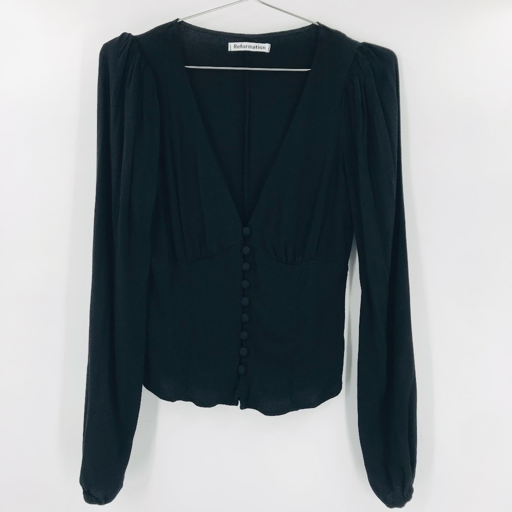 Reformation Nell Crepe Puff Sleeve V Neck Long Sleeve Black Size Small